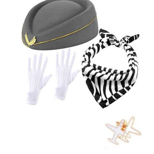 Set da assistente di volo da donna: cappello, sciarpa, guanti e