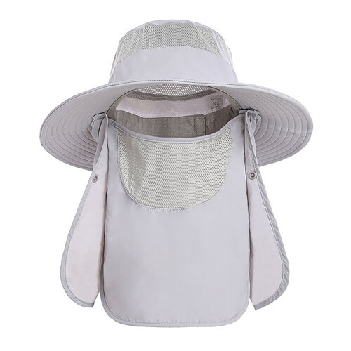 Chapéu de pesca com aba larga e proteção UV, em nylon, cinza claro. 1