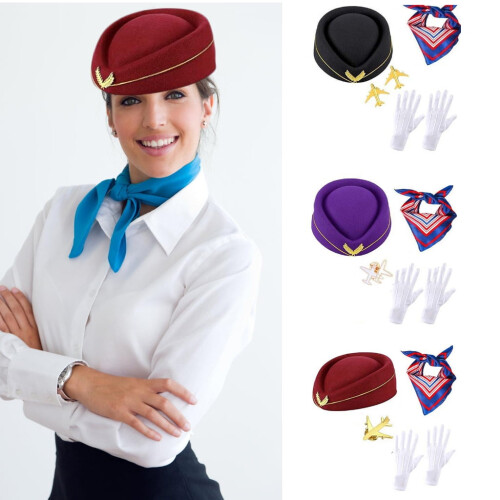 Set da assistente di volo da donna: cappello, sciarpa, guanti e 1
