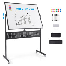 120 x 90 cm kaksipuolinen siirrettävä valkotaulu Pegboardilla & Roolit & Musta teline