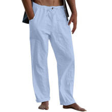Mens Linen Pants Elastic Waist Drawstring Loose Fit-Sky Blue M