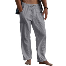 Mens Linen Pants Elastic Waist Drawstring Loose Fit-Gray 4XL