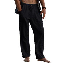 Mens Linen Pants Elastic Waist Drawstring Loose Fit-Black 4XL