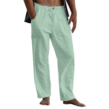Mens Linen Pants Elastic Waist Drawstring Loose-Bean green XL