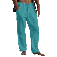 Mens Linen Pants Elastic Waist Drawstring Loose Fit-Turquoise M
