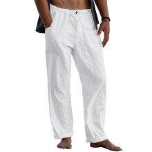 Mens Linen Pants Elastic Waist Drawstring Loose Fit-White M