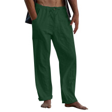 Mens Linen Pants Elastic Waist Drawstring Loose Fit-Green 5XL