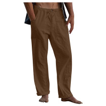 Mens Linen Pants Elastic Waist Drawstring Loose Fit-Brown 5XL