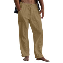 Mens Linen Pants Elastic Waist Drawstring Loose Fit-Yellow M