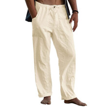 Mens Linen Pants Elastic Waist Drawstring Loose Fit-Khaki S