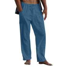 Mens Linen Pants Elastic Waist Drawstring Loose Fit-Blue L