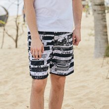 (Black-and-White Striped Men’s Pants with English Letters, XL) Men’s elastic-waist swim trunks, women’s quick-drying short surf beach shorts