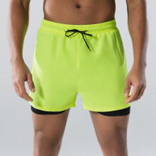 (Fluorescent Yellow, M) Men’s Adult Swim Trunks, New Boxer-Style Double-Layer Loose-Fit Quick-Drying Swimwear, Plus-Size Hot Spring and Beach Pants