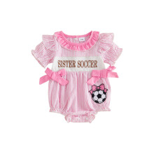 (12-18 Months, Pink) Baby Girls Summer Striped Romper Football Letter Embroidery Side Bow Short Sleeve Newborn Jumpsuit for Toddler