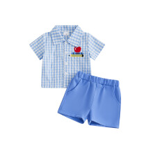 (5-6 Years, Blue) 2Pcs Back to School Outfits for Toddler Boy Short Sleeve Lapel Neck Pencil/School Bus Embroidery Tops and Shorts Set