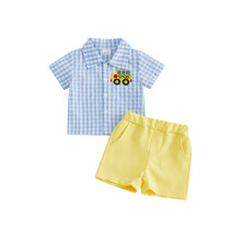 (5-6 Years, Yellow) 2Pcs Back to School Outfits for Toddler Boy Short Sleeve Lapel Neck Pencil/School Bus Embroidery Tops and Shorts Set