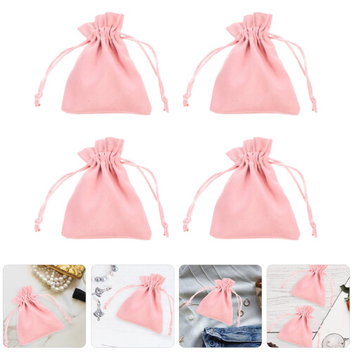Pacote com 4 Sacolas de Presente Rosa de Flanela com Cordão
