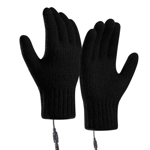 Schwarze, per USB beheizbare Strickhandschuhe mit Touchscreen-Funktion