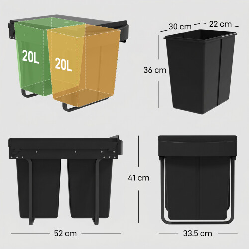 Homcom HOMCOM Kitchen Cupboard Bin with 40L Dual Compartment, Pull Out Bin, Black 1