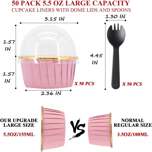 Ροζ & Χρυσές θήκες για cupcakes 5oz με καπάκια και κουτάλια σε σχήμα θόλου 2