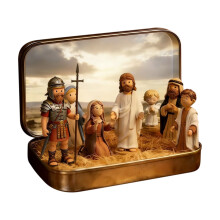 Miniaturowy zestaw szopkowy w blaszanym pudełku – przenośna dekoracja religijna