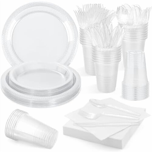Clear Disposable Dinnerware Set Plates Cups Cutlery Napkins