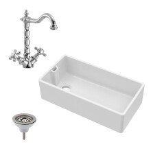 Traditional Fireclay Belfast Kitchen Sink with Overflow, 1 Bowl, French Classic Style Mixer Tap & Basket Strainer Waste - 895mm