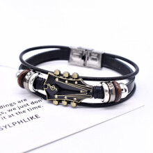 Gitaararmband van zinklegering met leren band, verstelbaar van 6-8 inch.