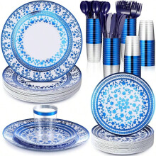 Conjunto de louça descartável floral azul e branca, 150 peças