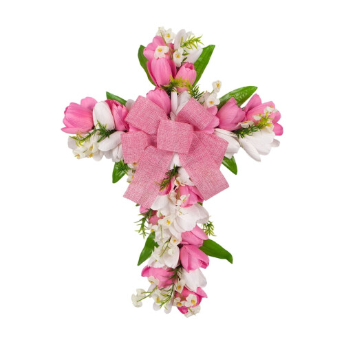 Ghirlanda pasquale con croce, tulipani e fiocco, 30 cm
