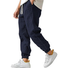 Cotton Linen Pants for Men Elastic Waist and-Dark Blue 5XL