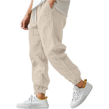 Cotton Linen Pants for Men Elastic Waist and Ankle-Khaki S