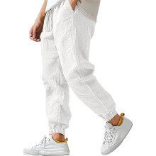 Cotton Linen Pants for Men Elastic Waist and Ankle-White 5XL