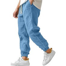 Cotton Linen Pants for Men Elastic Waist and Ankle-Blue S