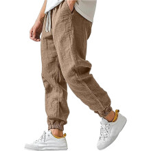 Cotton Linen Pants for Men Elastic Waist and-dark brown XXXL