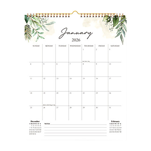 Calendrier mural 2026, reliure spirale double, 29,5 x 36,8 cm
