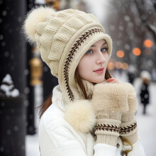 Ensemble bonnet et moufles en tricot pour femme avec pompon