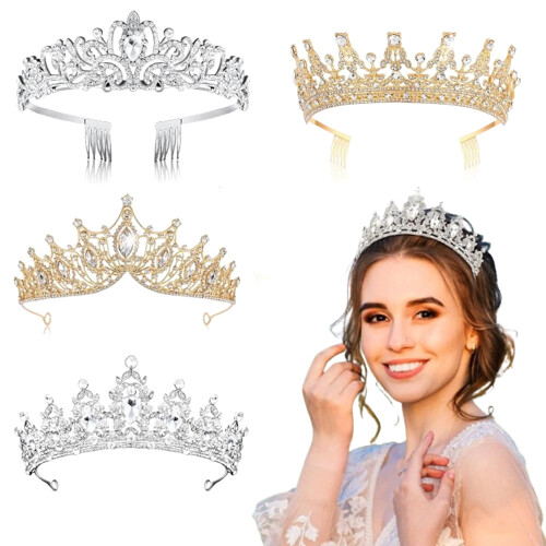 Set di tiara con strass per donna, oro e argento, 4 pezzi