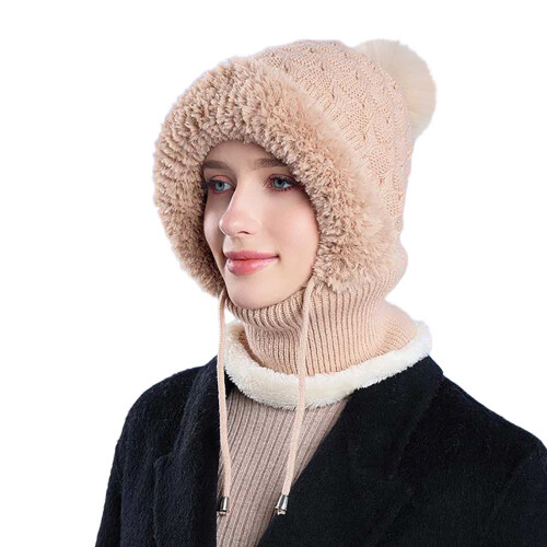 Gorro de tricô 3 em 1 com cachecol e máscara – Forrado com lã, tamanho único