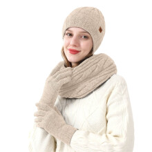 Conjunto feminino de gorro, luvas e cachecol de tricô com forro de lã