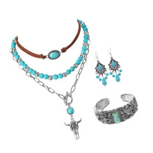 Turquoise Necklace Earring Gift Set, Retro Artistic Design,