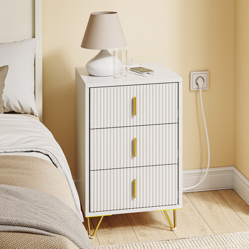 SoBuy White Bedside Table 3 Drawers Wireless Charging 1