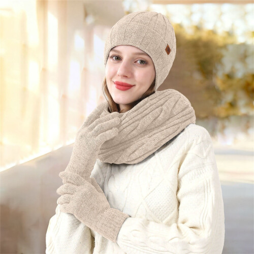 Conjunto feminino de gorro, luvas e cachecol de tricô com forro de lã 1
