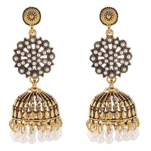 Boucles d'oreilles bohèmes strass scintillants-perle ronde dorée