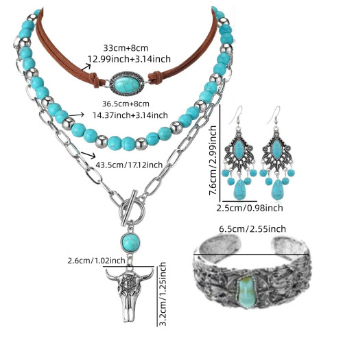 Turquoise Necklace Earring Gift Set, Retro Artistic Design, 2