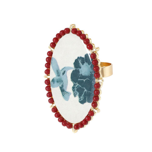 Oversized Oval Shape Flower Bird Pattern Ring-Section 1
