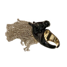 Bold Zebras Head Statement Ring With Flowing Fringe-Black