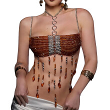Stylish Short Length Beaded Layered Crop Top-dark brown os