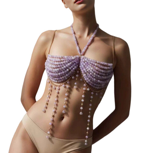 Beaded Body Chain Bra Multilayer Chest Chain-Purple os
