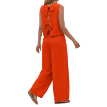 Women's Two Piece Sets With Back Tie Bow Top And Wide-Orange M